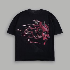 Sith Inferno Grunge Mid Length Raw Hem Tee in Black