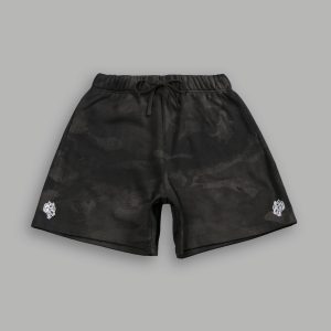 Dual Oversized Post Lounge Sweat Shorts in Black Vintage Woodland Camo
