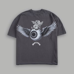 Flight Club Distressed Grunge Mid-Length Raw Hem Tee in Wolf Gray