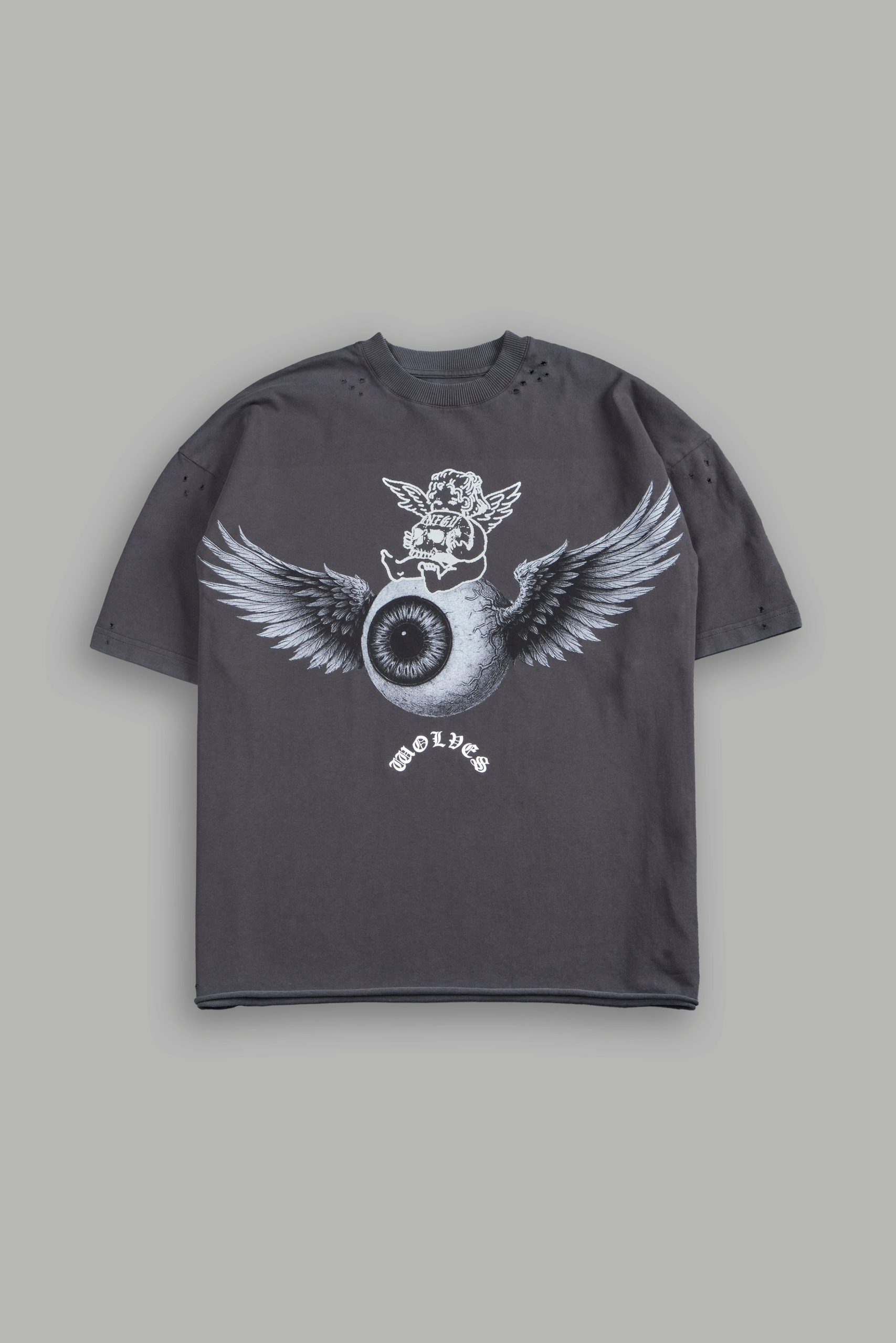 Flight Club Distressed Grunge Mid-Length Raw Hem Tee in Wolf Gray