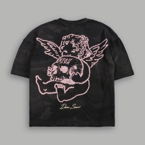 Cherub and the Skull Unisex Premium Box Cut Tee in Black Vintage Woodland Camo