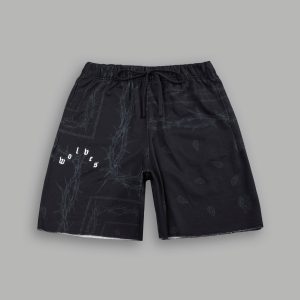 Wolves Pyramid Grunge Oversized Raw Hem Post Lounge Sweat Shorts in Black Thorn Paisley