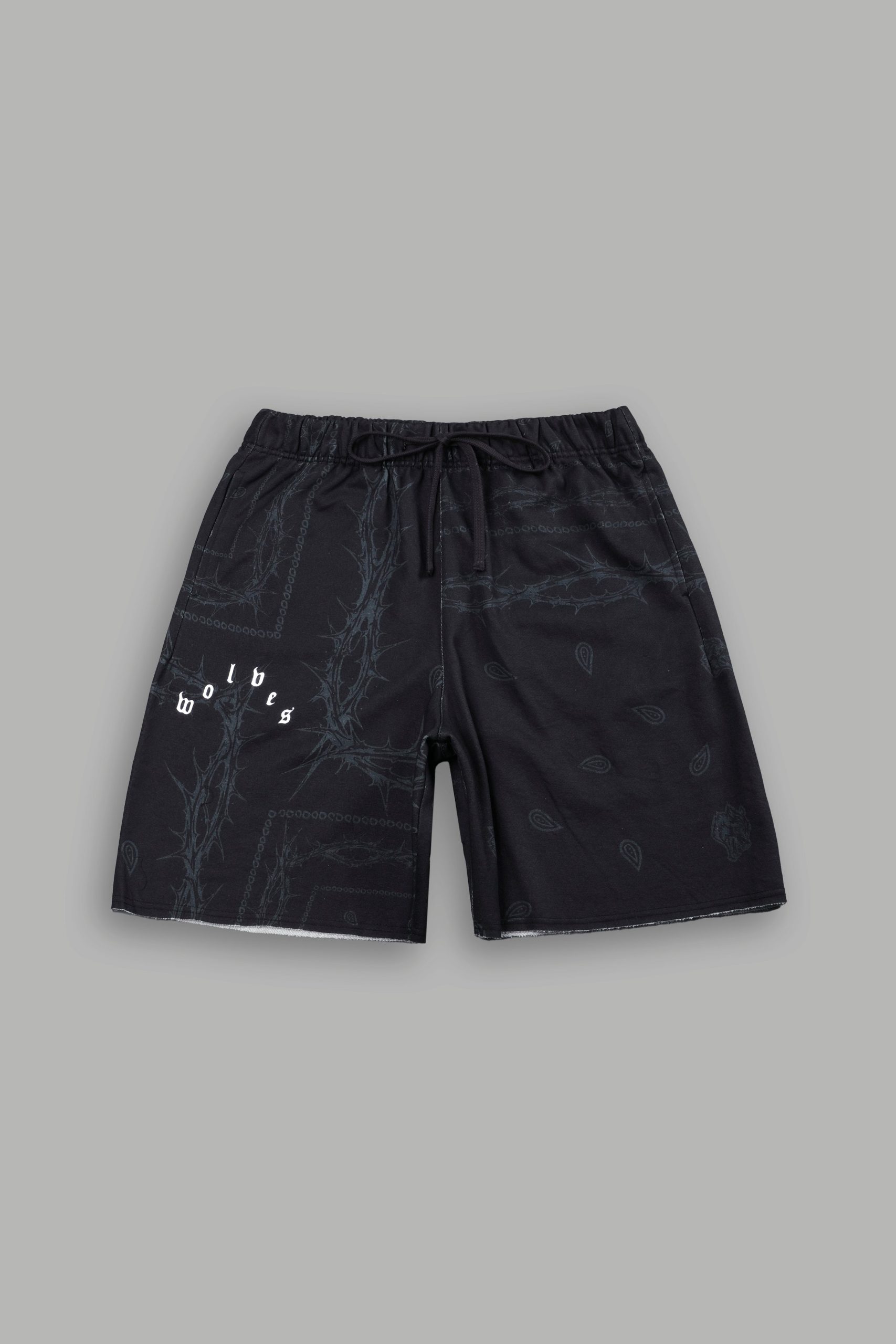 Wolves Pyramid Grunge Oversized Raw Hem Post Lounge Sweat Shorts in Black Thorn Paisley