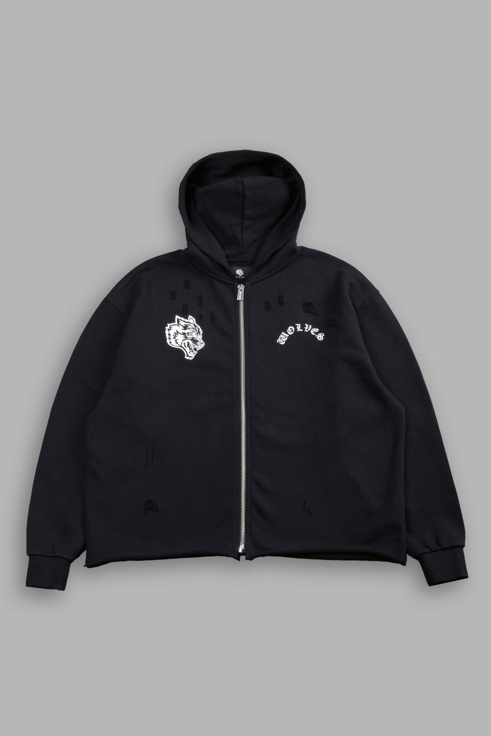 Los Cherub Distressed Grunge Mid Length Raw Hem Zip Hoodie in Black - Image 3