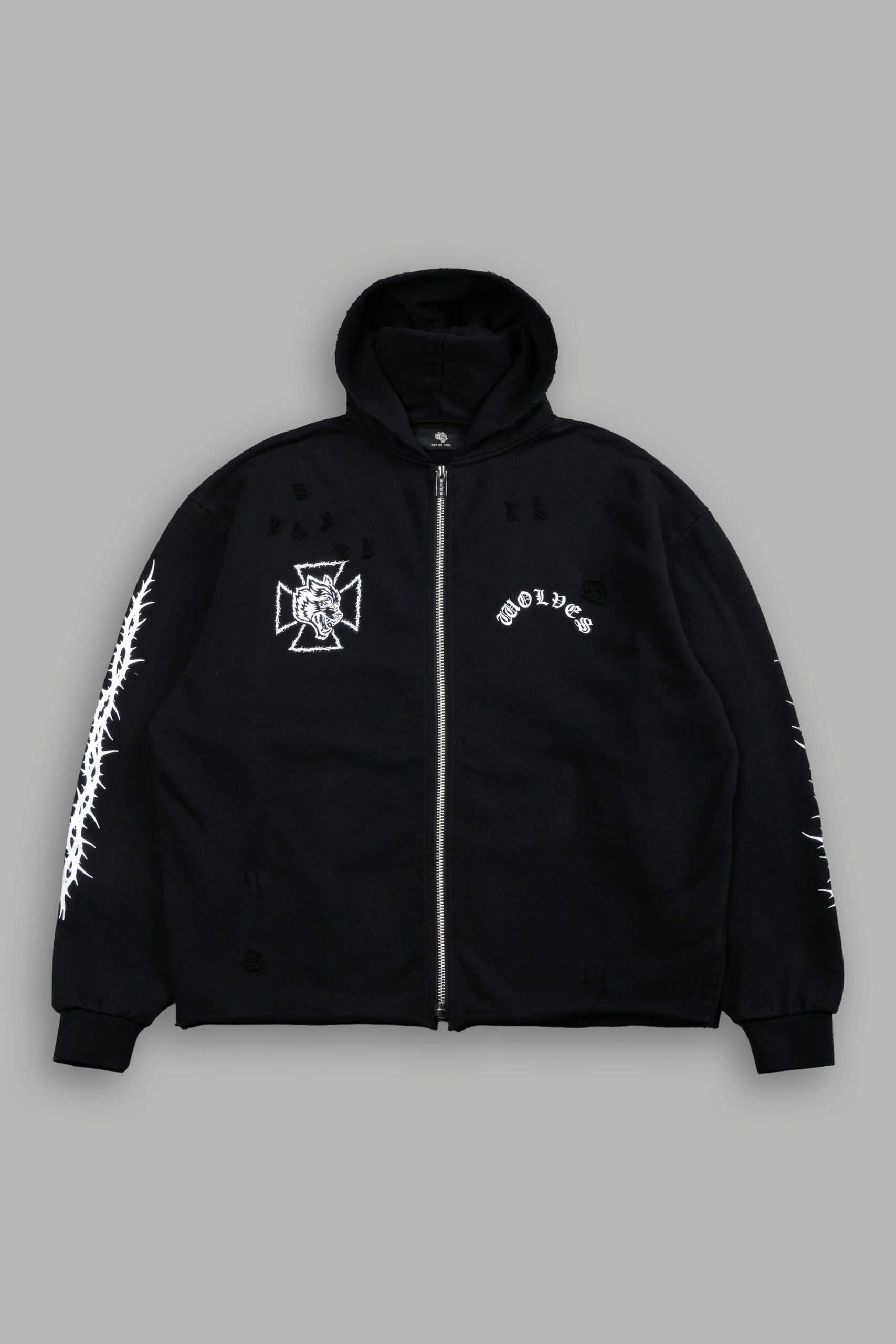 Ascend Distressed Grunge Mid Length Raw Hem Zip Hoodie in Black - Image 3