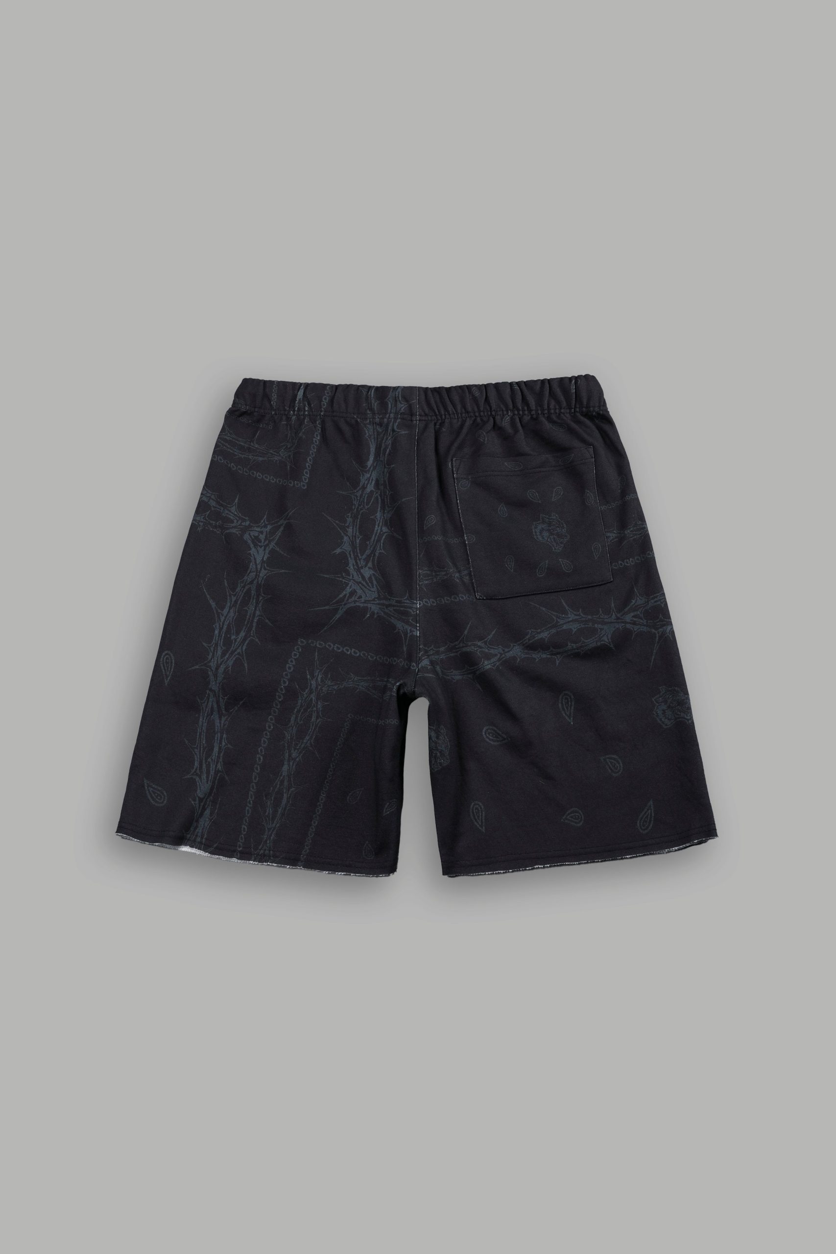 Wolves Pyramid Grunge Oversized Raw Hem Post Lounge Sweat Shorts in Black Thorn Paisley - Image 3