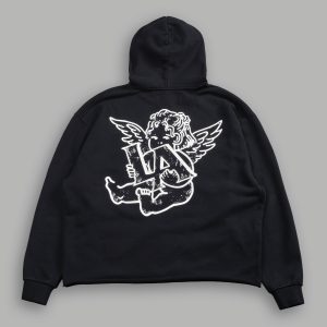 Los Cherub Distressed Grunge Mid Length Raw Hem Zip Hoodie in Black