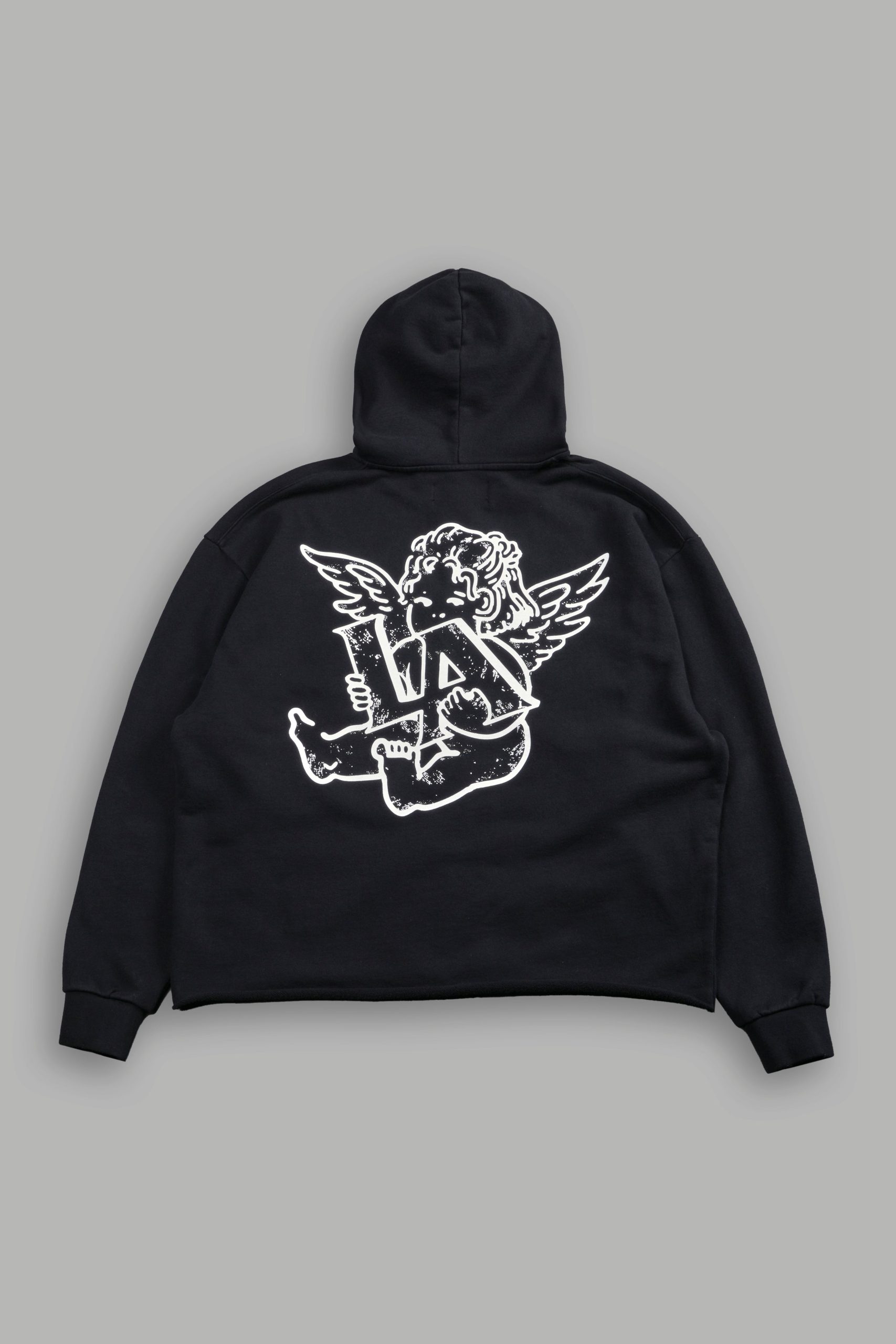 Los Cherub Distressed Grunge Mid Length Raw Hem Zip Hoodie in Black