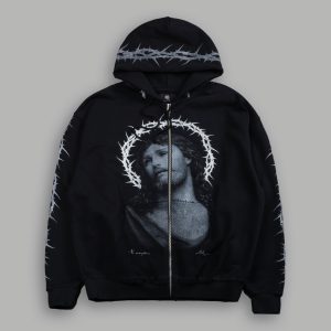 Crowned Grunge Moatis Zip Hoodie in Black