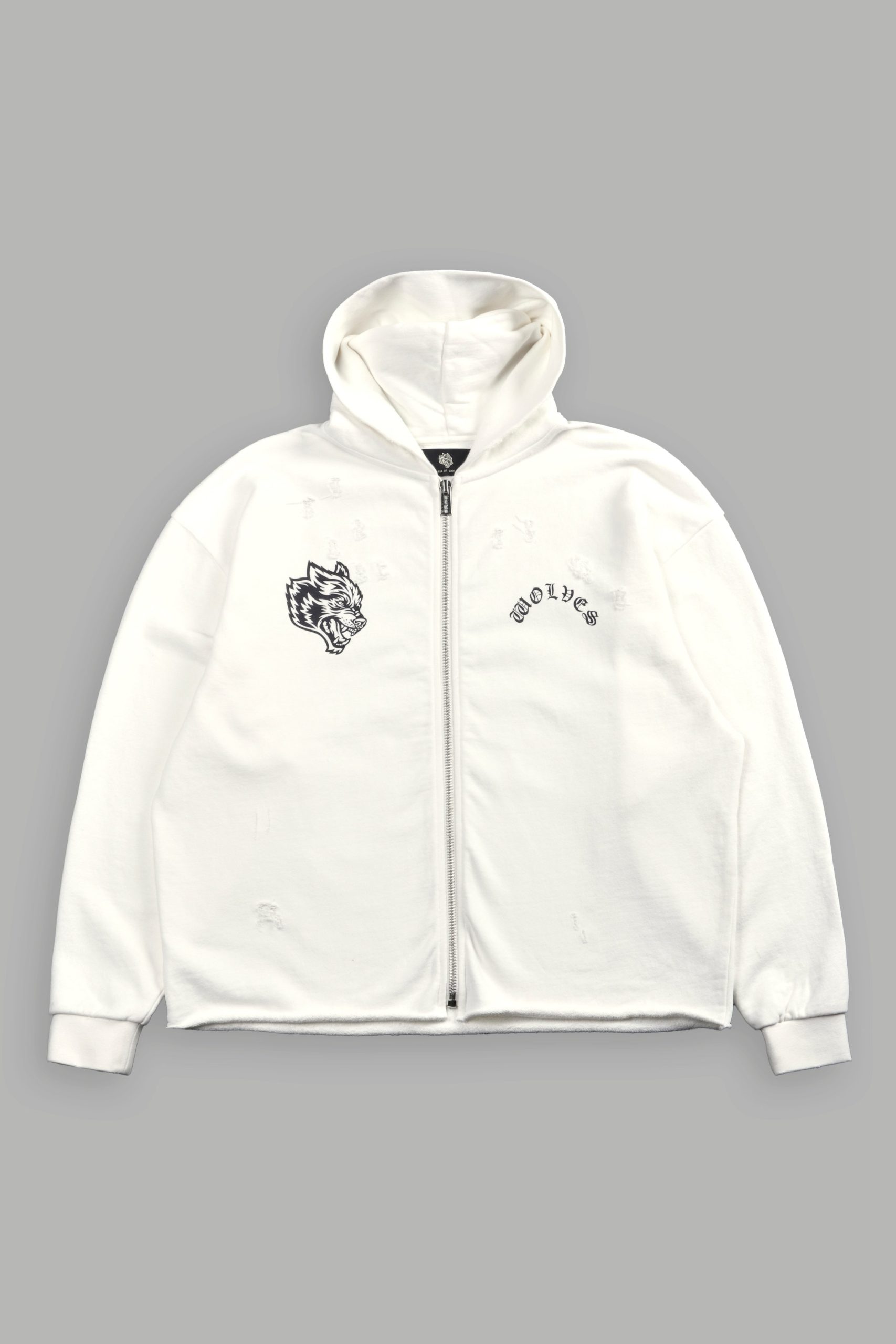 Los Cherub Distressed Grunge Mid Length Raw Hem Zip Hoodie in Cream - Image 3