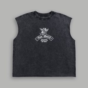 Darc Covenant Distressed Grunge Mid-Length Raw Hem Muscle Tee in Black