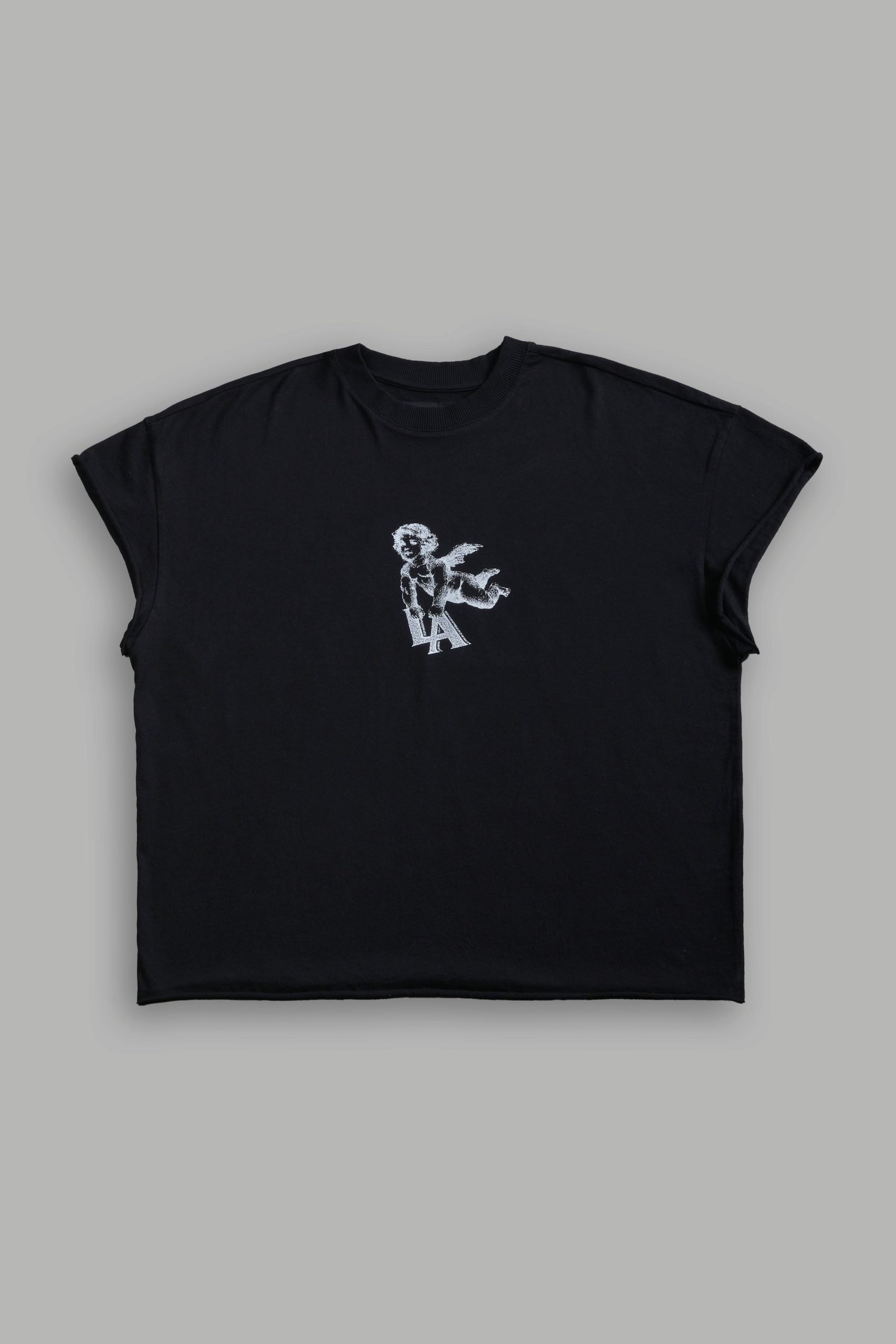 La Cherub Grunge Mid Length Raw Hem Cap Sleeve Tee in Black - Image 3