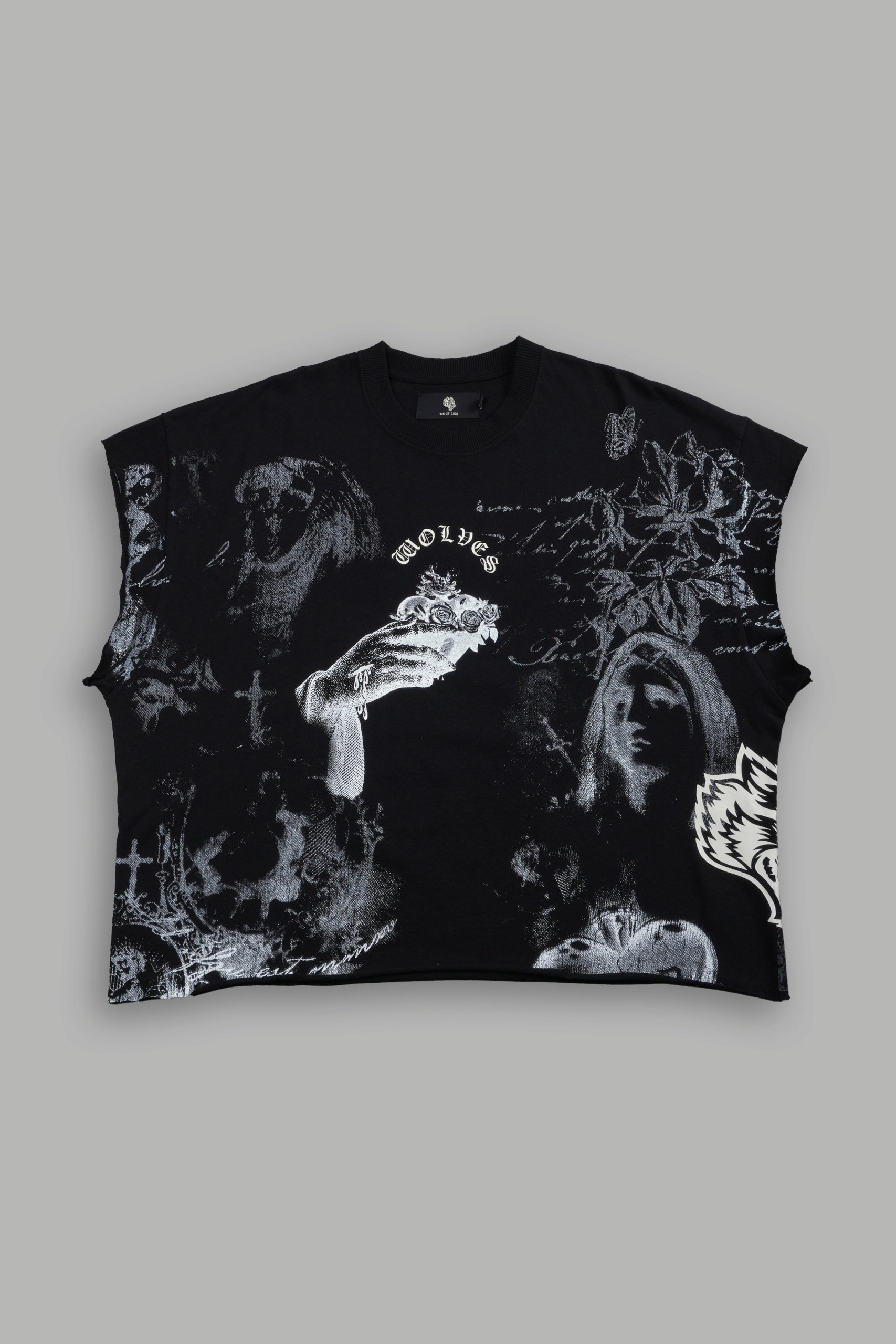 Heart of Thorns Distressed Grunge Cut-Off Mid-Length Raw Hem Tee in Black