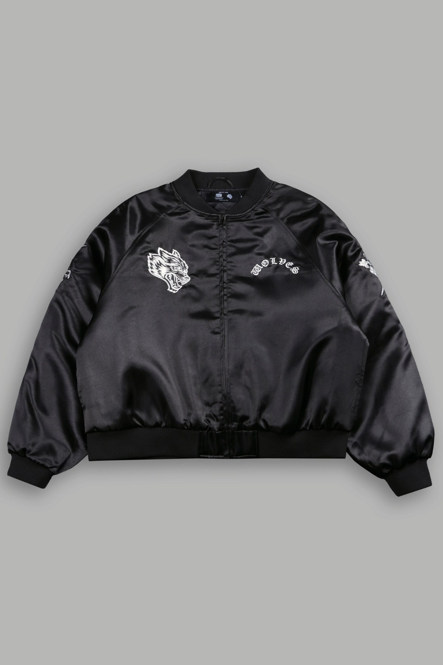 Last Love Unisex Cropped Satin Bomber Jacket in Black - Image 3