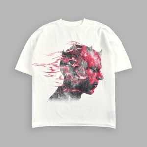 Sith Inferno Grunge Mid Length Raw Hem Tee in Cream