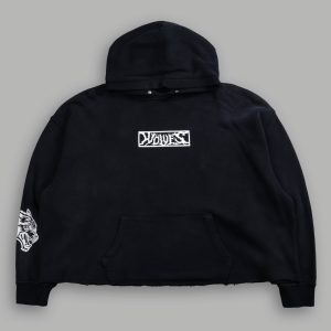 Midnight Wolves Raw Hem Box Cut Pierce Hoodie in Black Drift Wash
