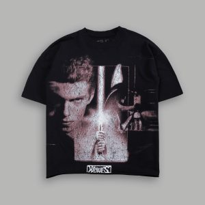 Awakened Power Grunge Mid Length Raw Hem Tee in Black
