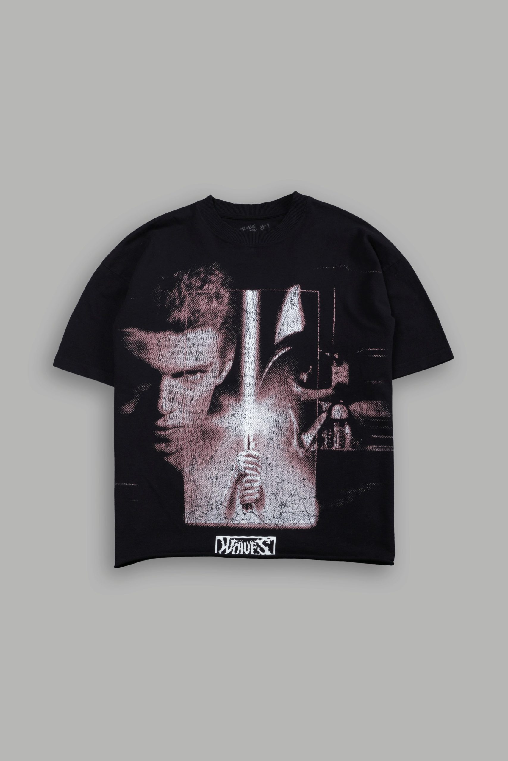 Awakened Power Grunge Mid Length Raw Hem Tee in Black