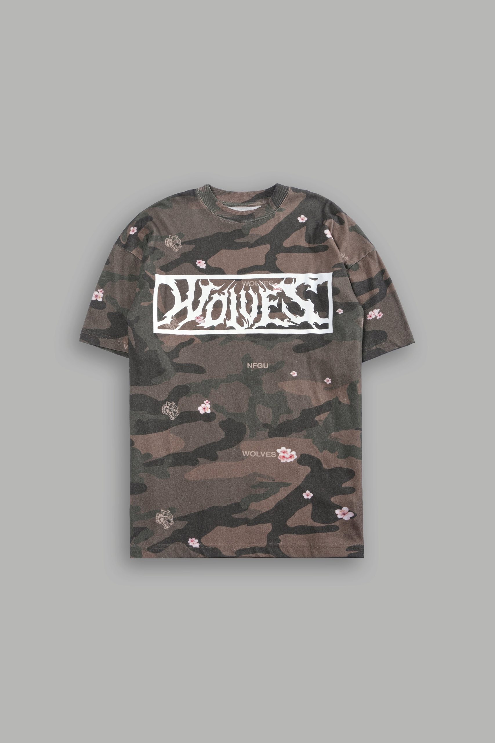 Midnight Wolves Unisex Premium Oversized Tee in Vintage Blossom Woodland Camo