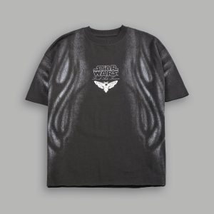 Dark Flame Grunge Mid Length Raw Hem Tee in Wolf Gray