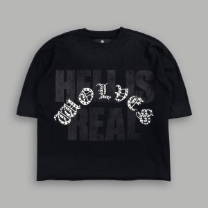 Hell is Real Distressed Grunge Box Cut Tee V2 in Black Drift Wash