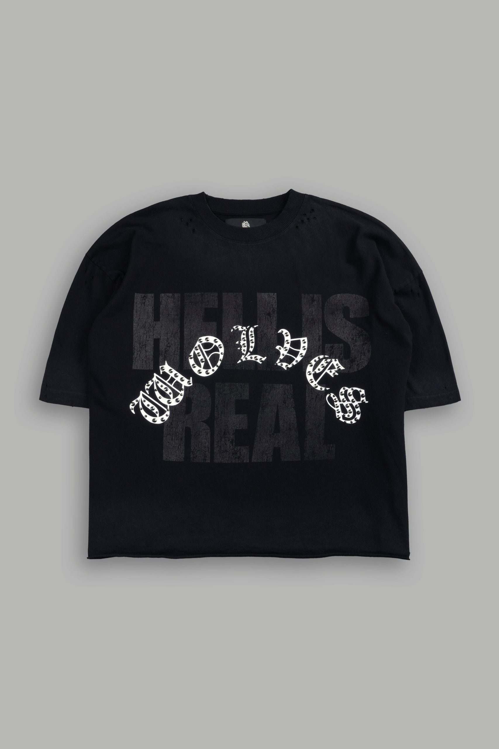 Hell is Real Distressed Grunge Box Cut Tee V2 in Black Drift Wash