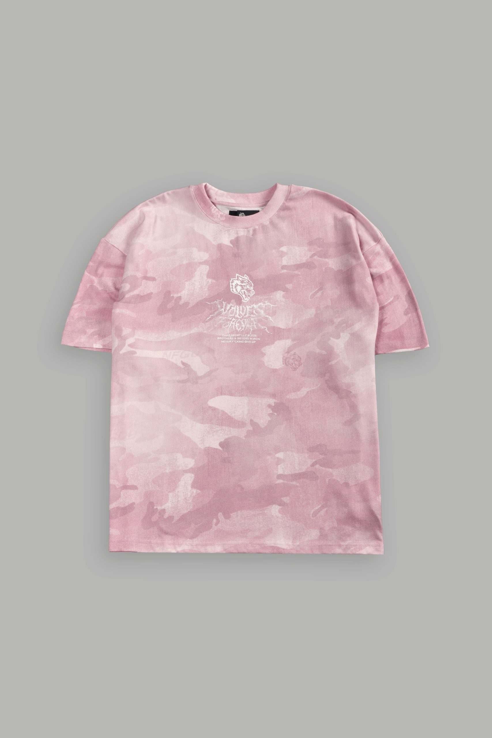 Drip Hesh WLVS FRVR Unisex Premium Oversized Tee in Blush Vintage Woodland Camo - Image 2