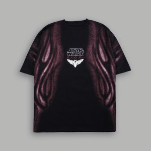 Dark Flame Grunge Mid Length Raw Hem Tee in Black
