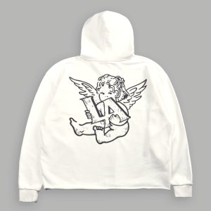 Los Cherub Distressed Grunge Mid Length Raw Hem Zip Hoodie in Cream