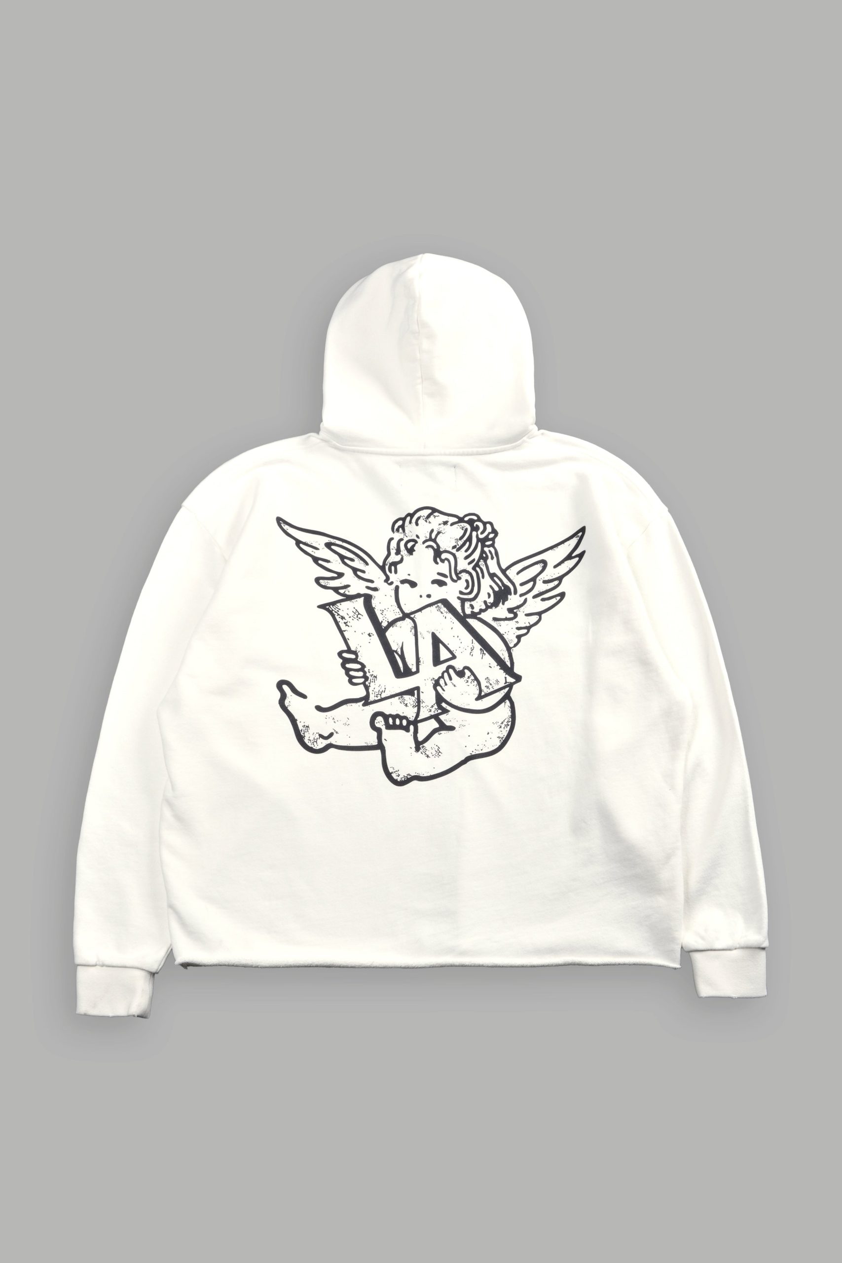 Los Cherub Distressed Grunge Mid Length Raw Hem Zip Hoodie in Cream