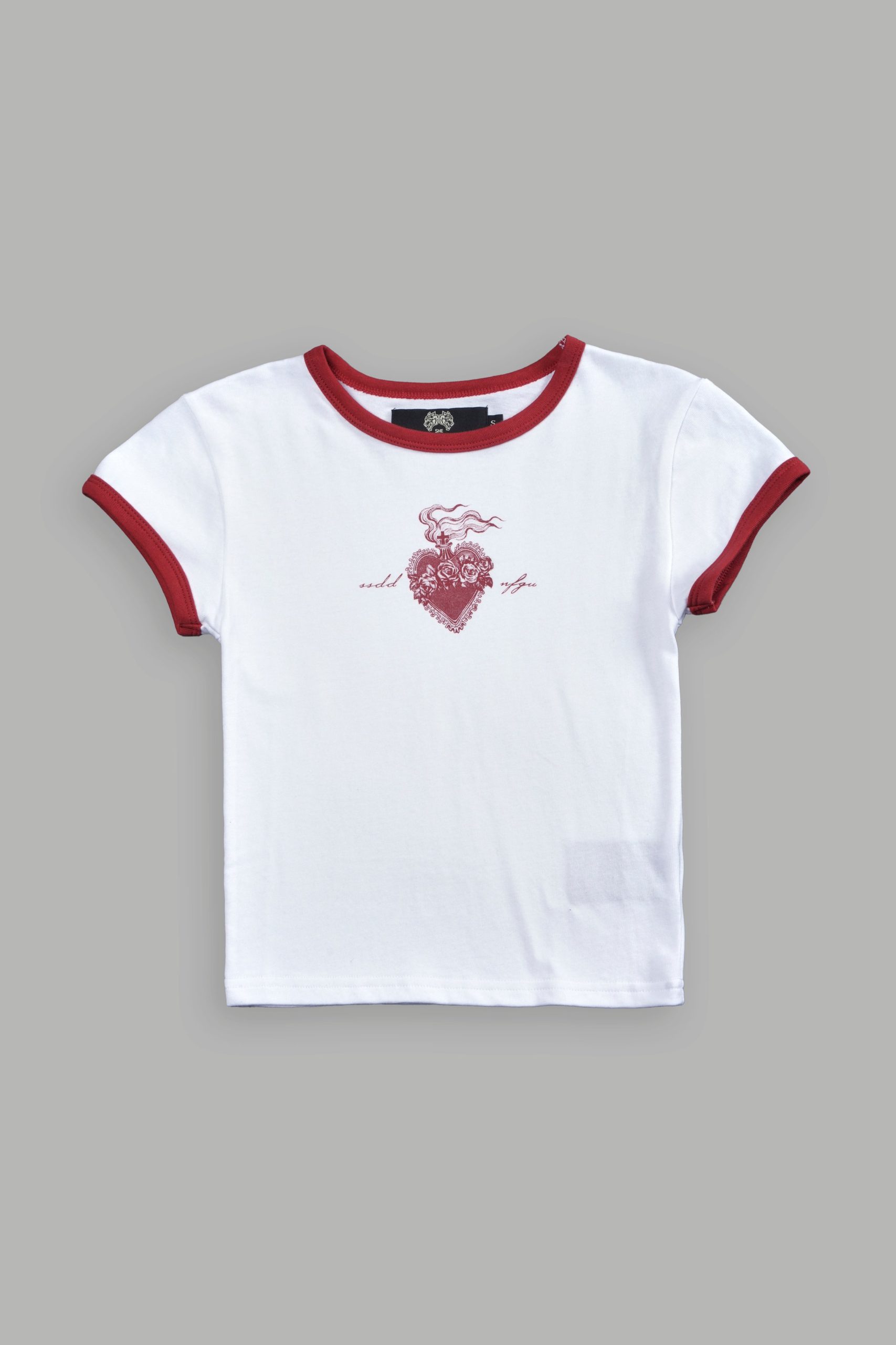 Sacred Flame Ringer Baby Tee in White/Roman Red - Image 5