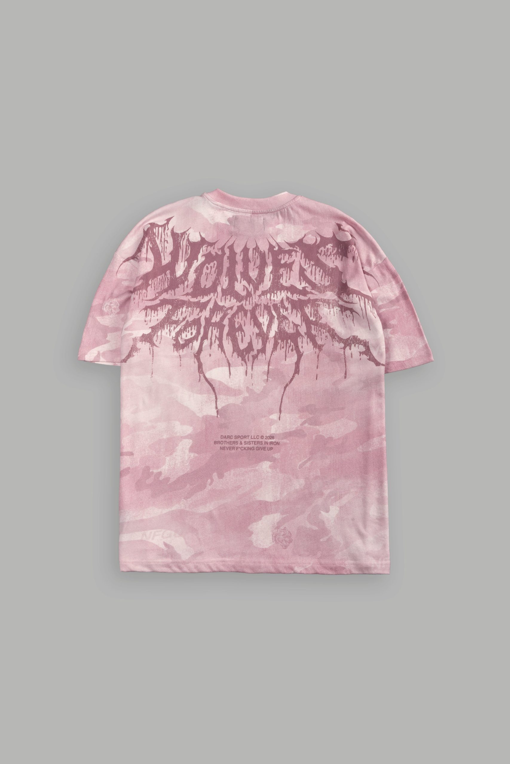 Drip Hesh WLVS FRVR Unisex Premium Oversized Tee in Blush Vintage Woodland Camo
