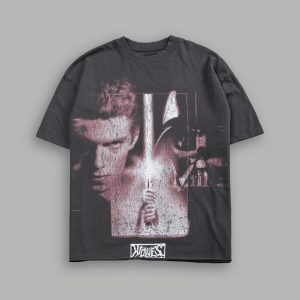 Awakened Power Grunge Mid Length Raw Hem Tee in Wolf Gray
