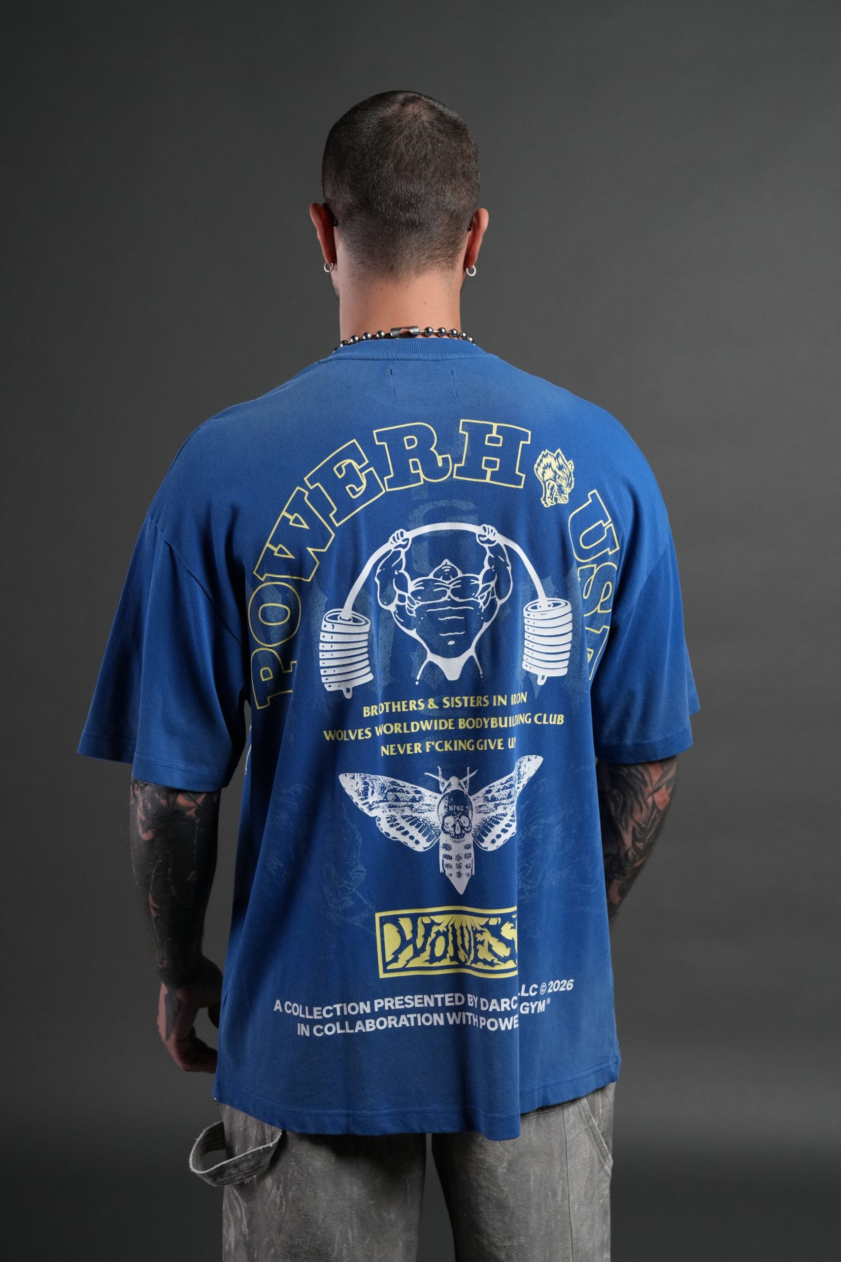 Powerhouse Moth Premium Oversized Tee in Darc Cobalt Drift Wash - Image 2