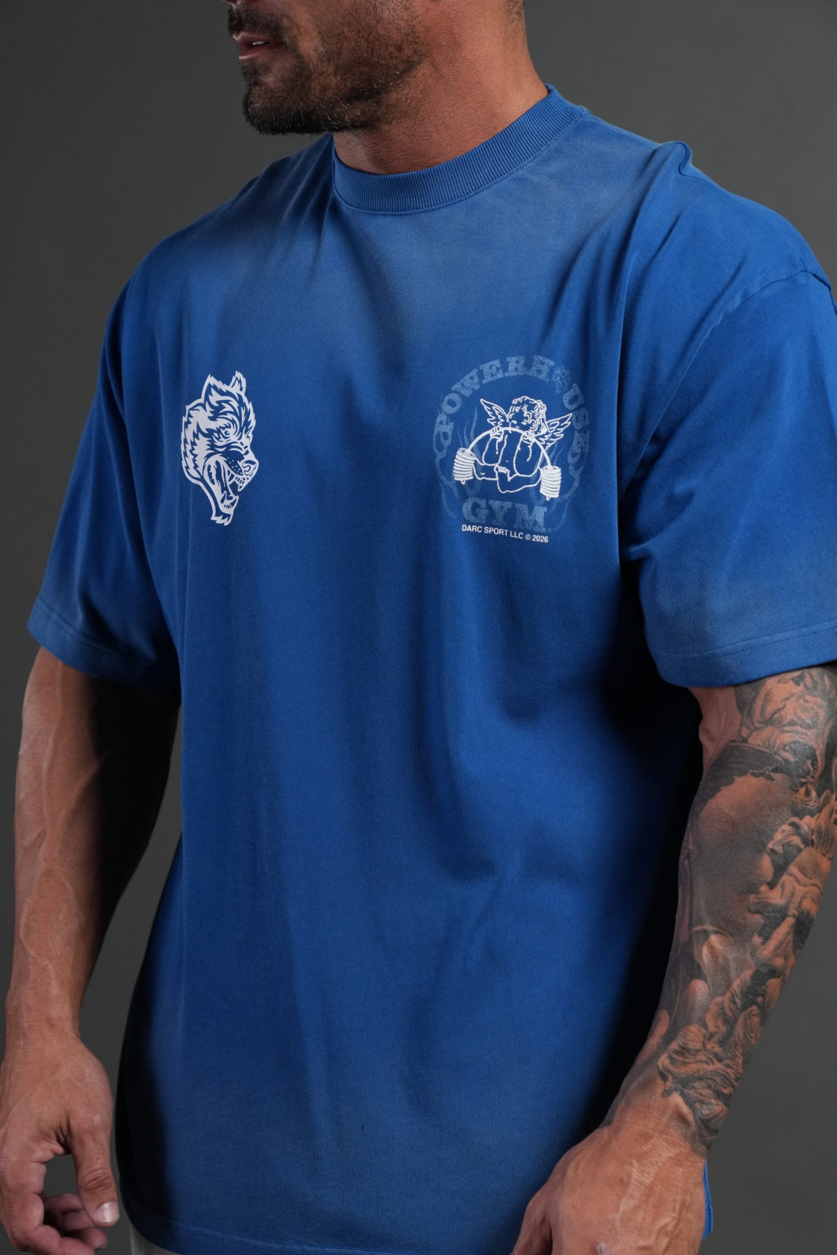 Powerhouse of the Cherub Unisex Premium Oversized Tee in Darc Cobalt Drift Wash - Image 7