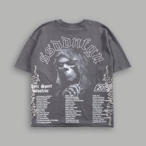 Reaper Tour Grunge Mid Length Raw Hem Tee in Slate Gray