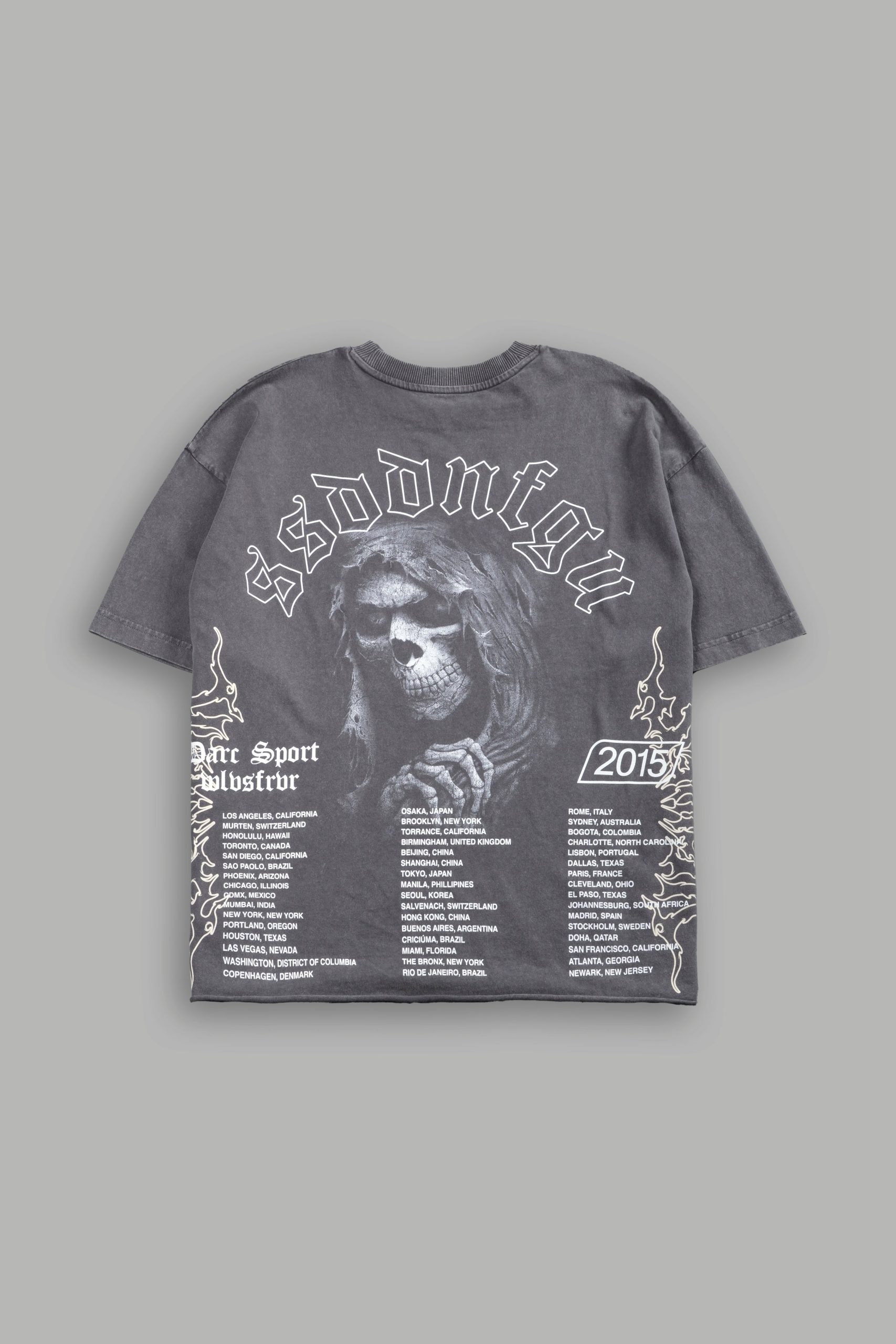 Reaper Tour Grunge Mid Length Raw Hem Tee in Slate Gray