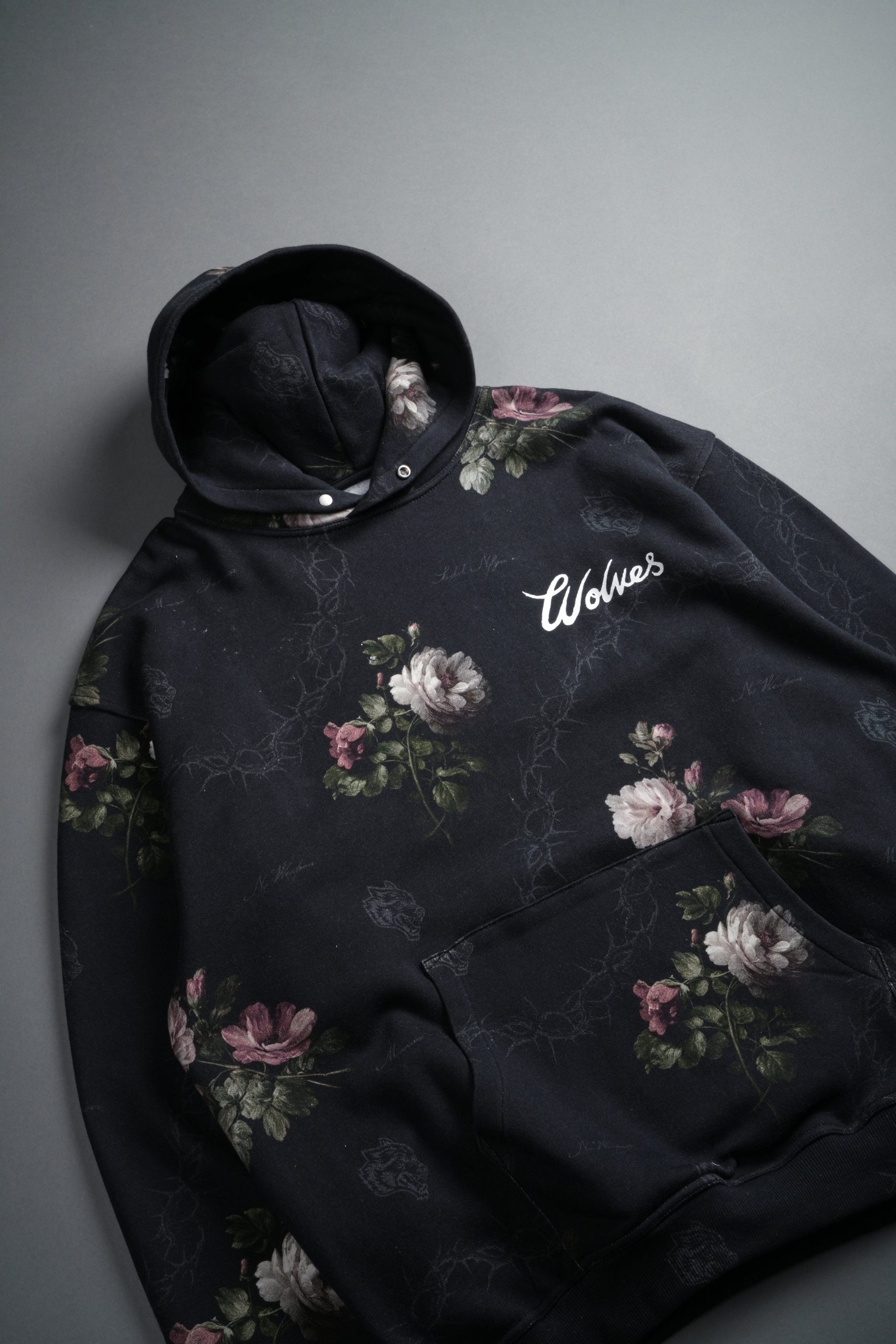 Wolves Script Pierce Hoodie in Black Rose Thorn - Image 10