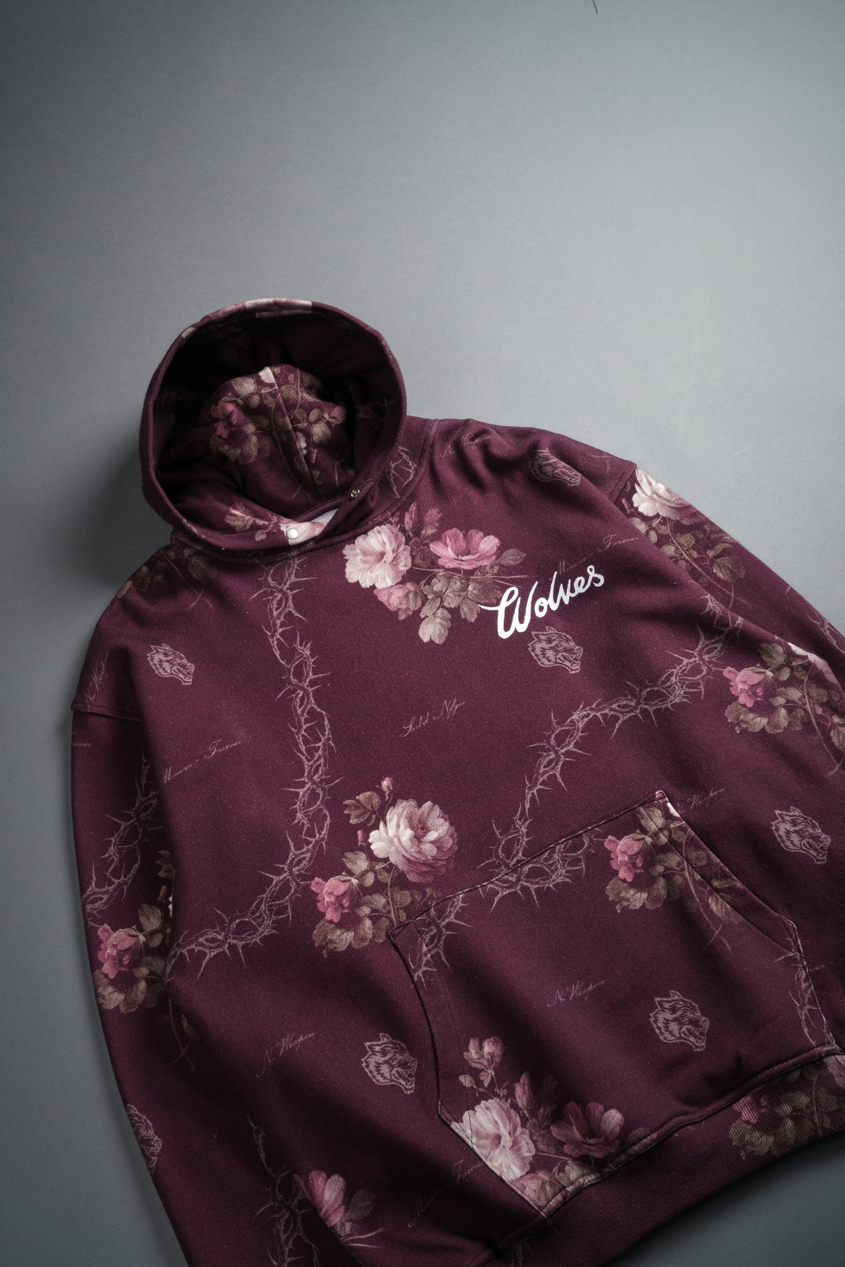 Wolves Script Pierce Hoodie in Cherry Wine Rose Thorn - Image 6