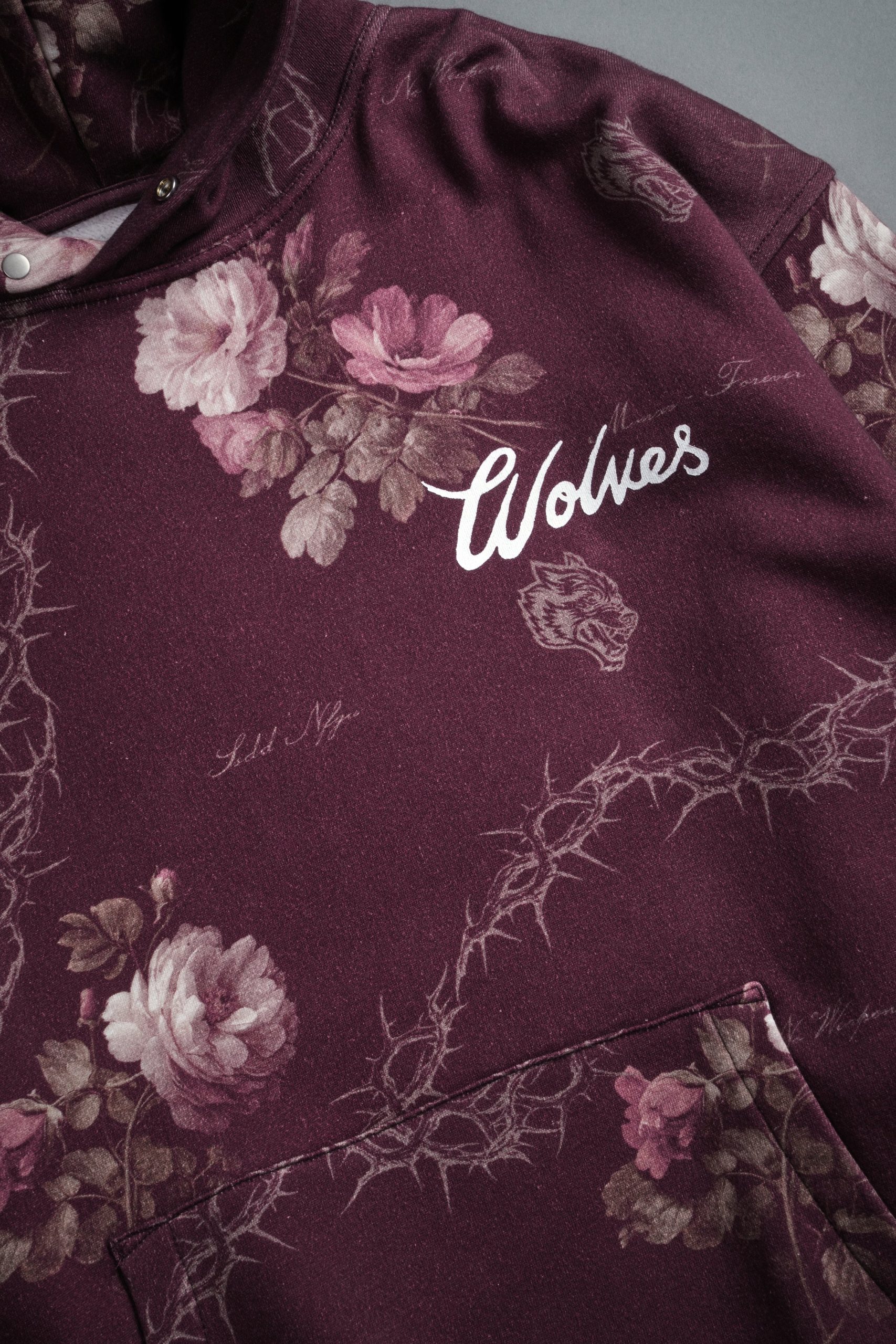 Wolves Script Pierce Hoodie in Cherry Wine Rose Thorn - Image 7