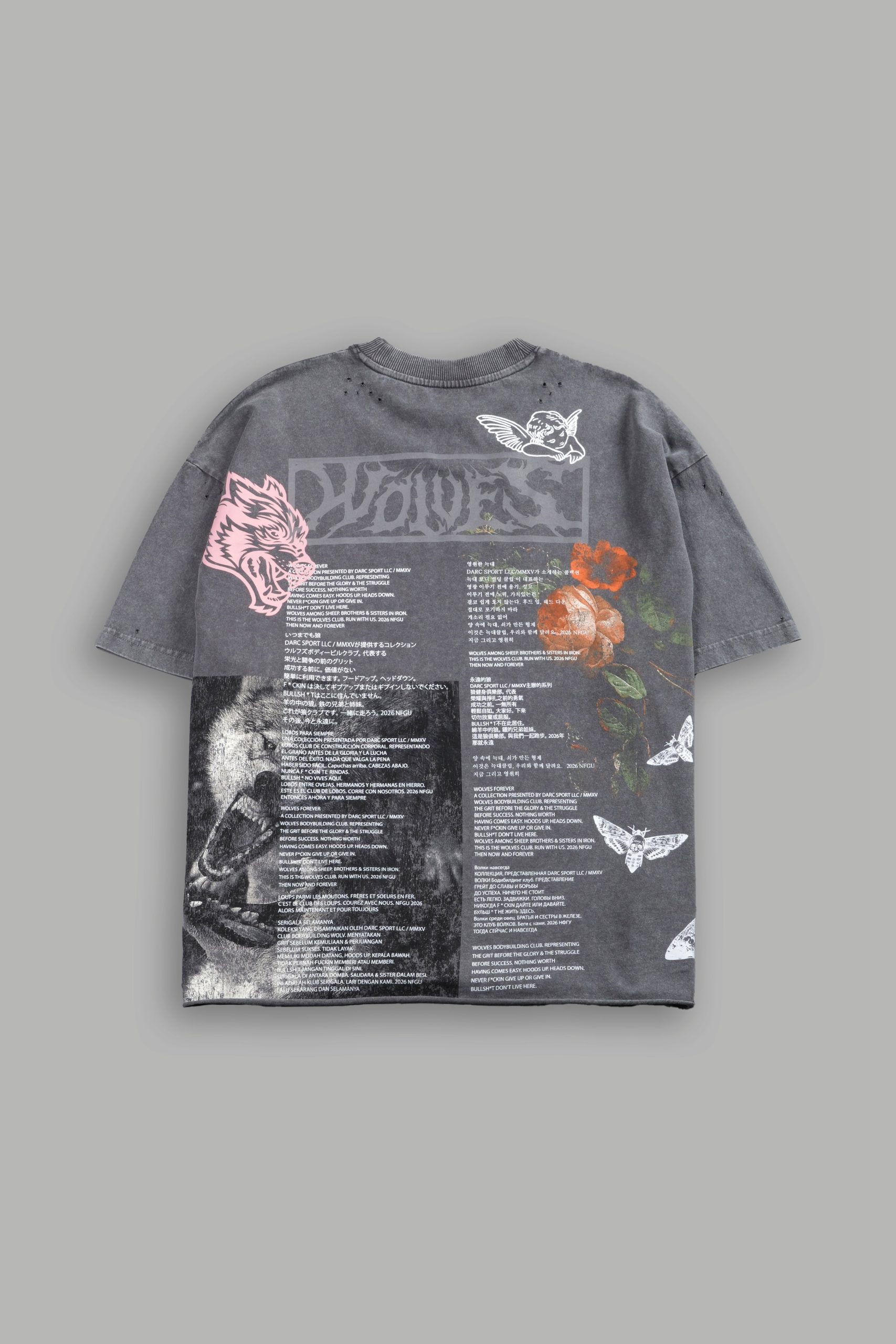 Wolves Valor Distressed Grunge Mid Length Raw Hem Tee in Slate Gray