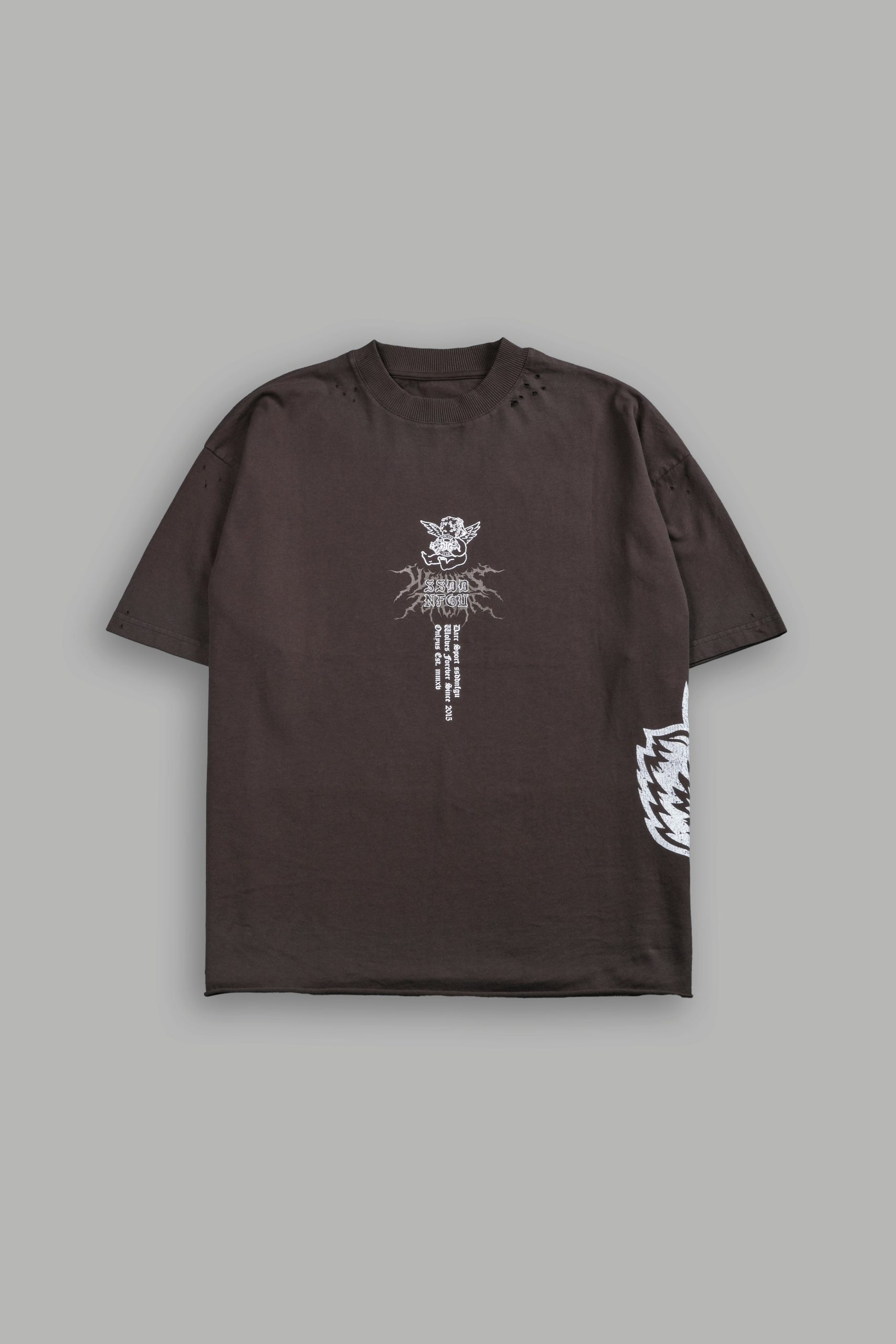 No Weapon Hesh Distressed Grunge Mid Length Raw Hem Tee in Darc Brown Drift Wash - Image 3