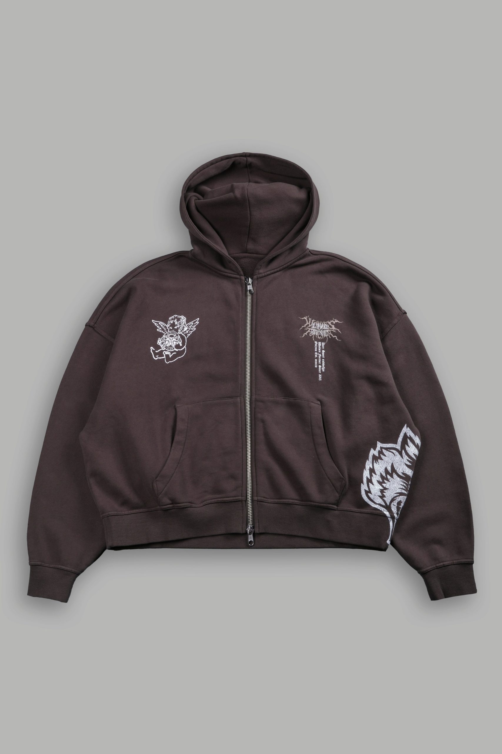 No Weapon Hesh Vex Double Zip Hoodie in Darc Brown - Image 3