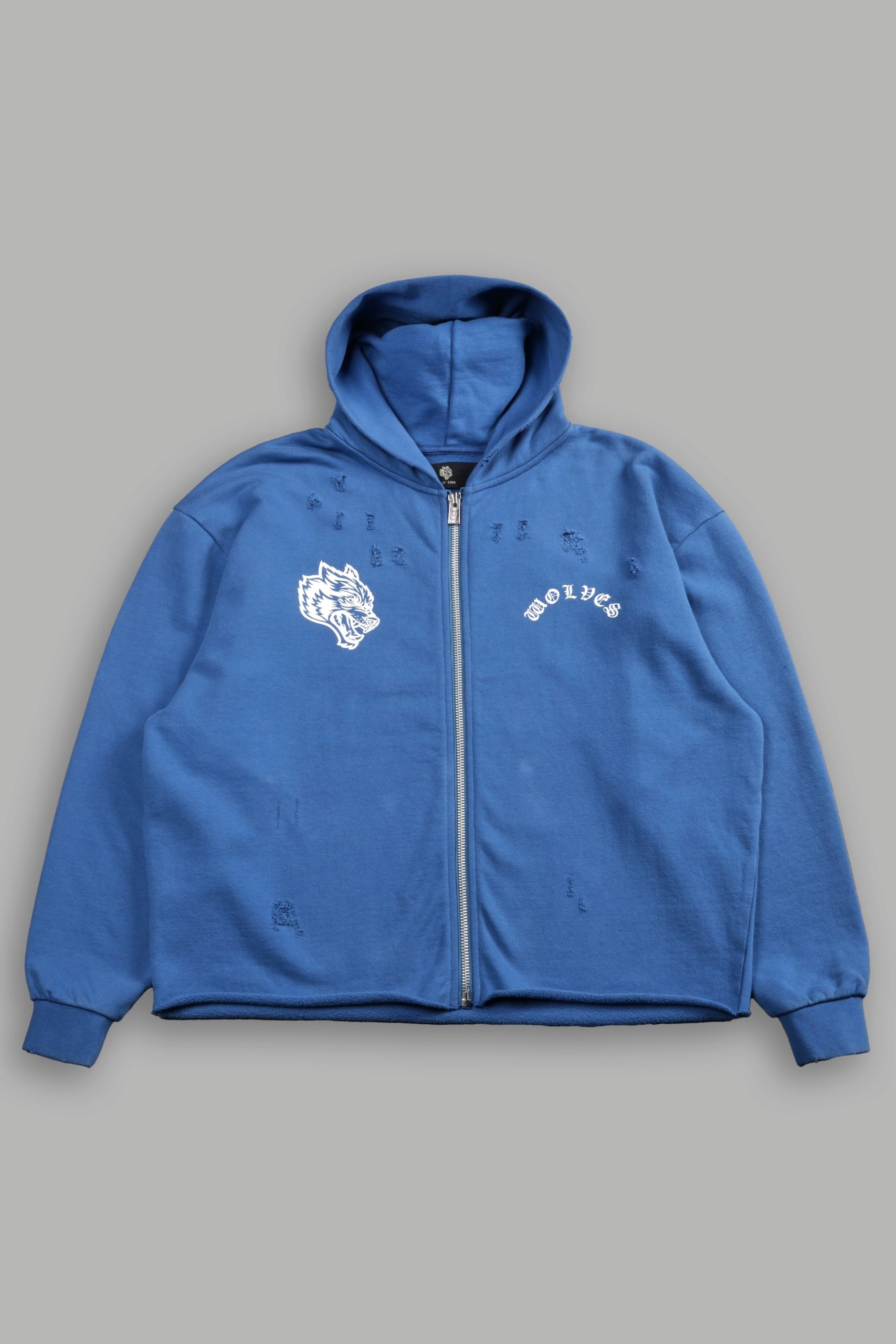Los Cherub Distressed Grunge Mid Length Raw Hem Zip Hoodie in La Blue - Image 3