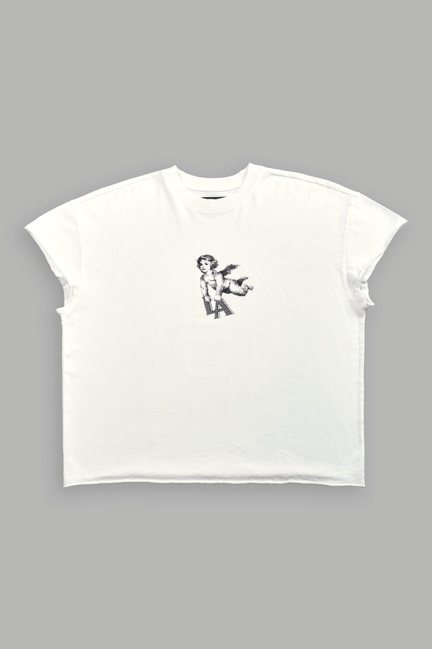 La Cherub Grunge Mid Length Raw Hem Cap Sleeve Tee in Cream - Image 3