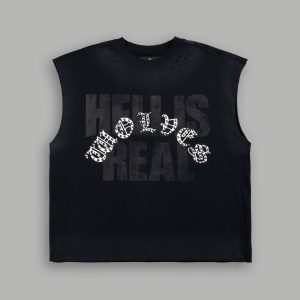 Hell is Real Distressed Grunge Mid-Length Raw Hem Muscle Tee in Black Drift Wash