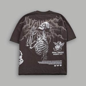 No Weapon Hesh Distressed Grunge Mid Length Raw Hem Tee in Darc Brown Drift Wash
