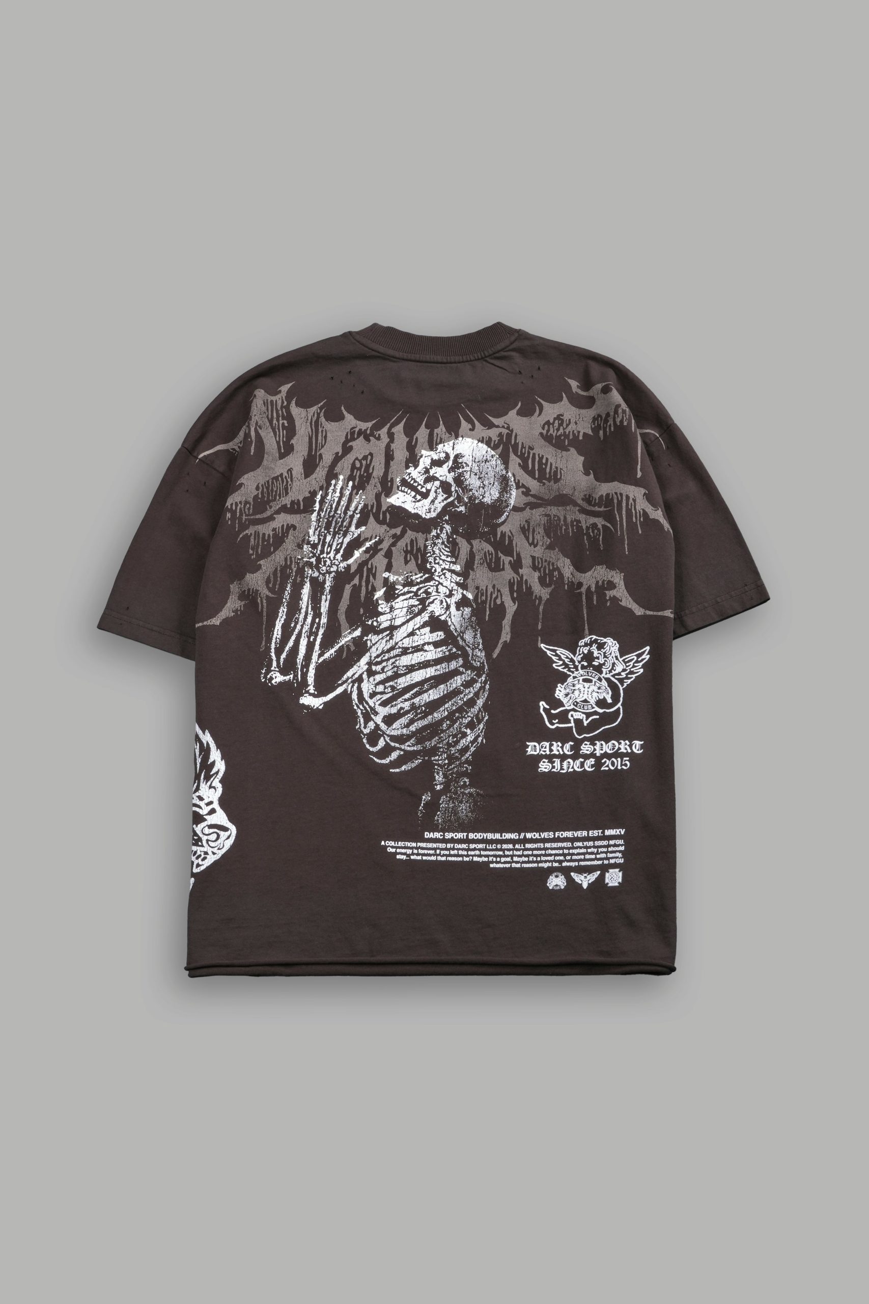 No Weapon Hesh Distressed Grunge Mid Length Raw Hem Tee in Darc Brown Drift Wash