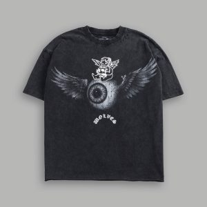 Flight Club Distressed Grunge Mid-Length Raw Hem Tee in Black