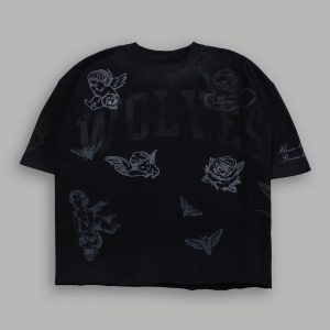 Fallen Cherub Grunge Raw Hem Box Cut Tee in Black Drift Wash